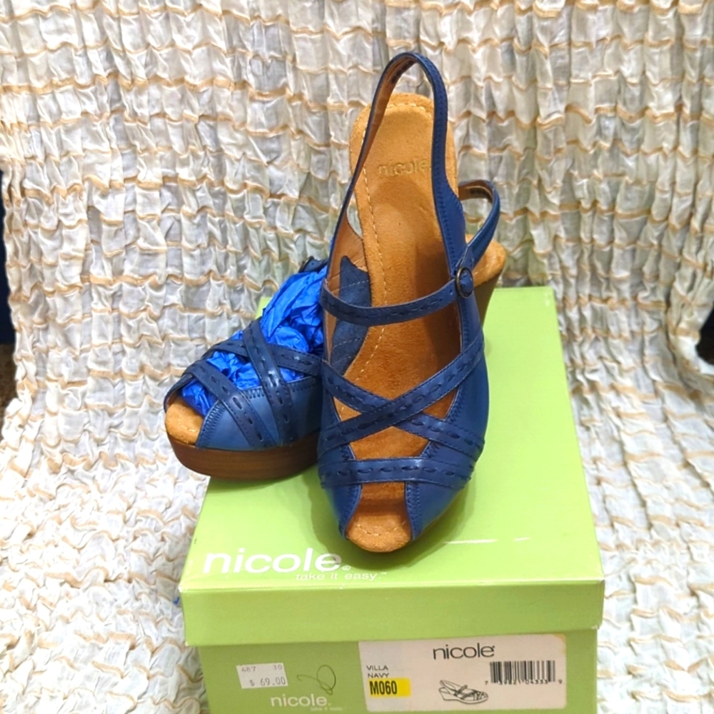 Nicole Villa navy leather wedge 1.5" pitch with 1" lift overall. Size 6.